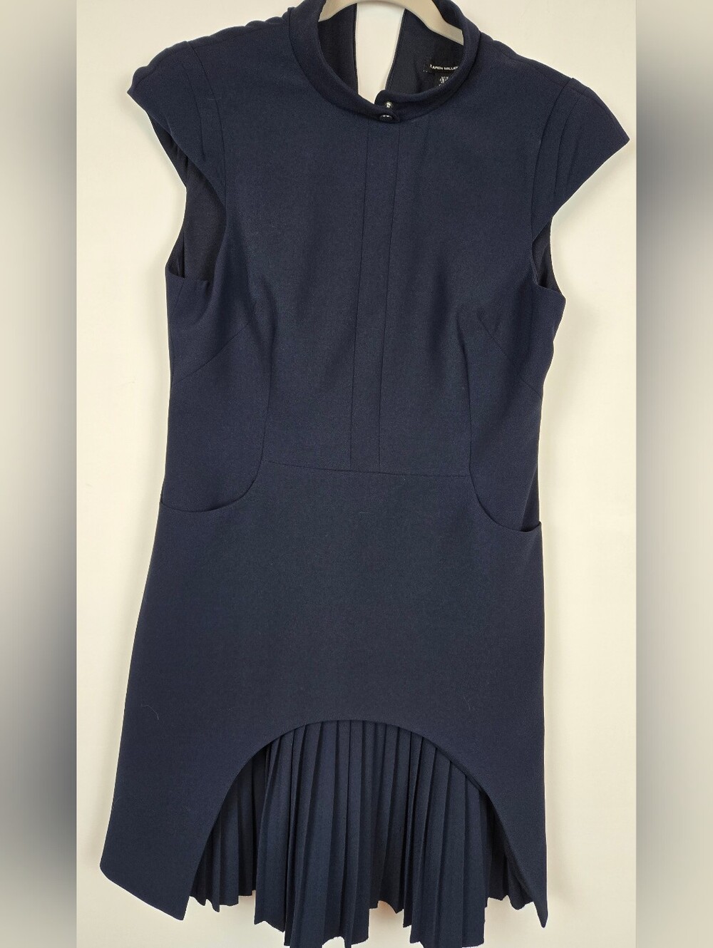 Karen Millen Navy Cap Sleeve Modern High-Low Pleated Hem Dress